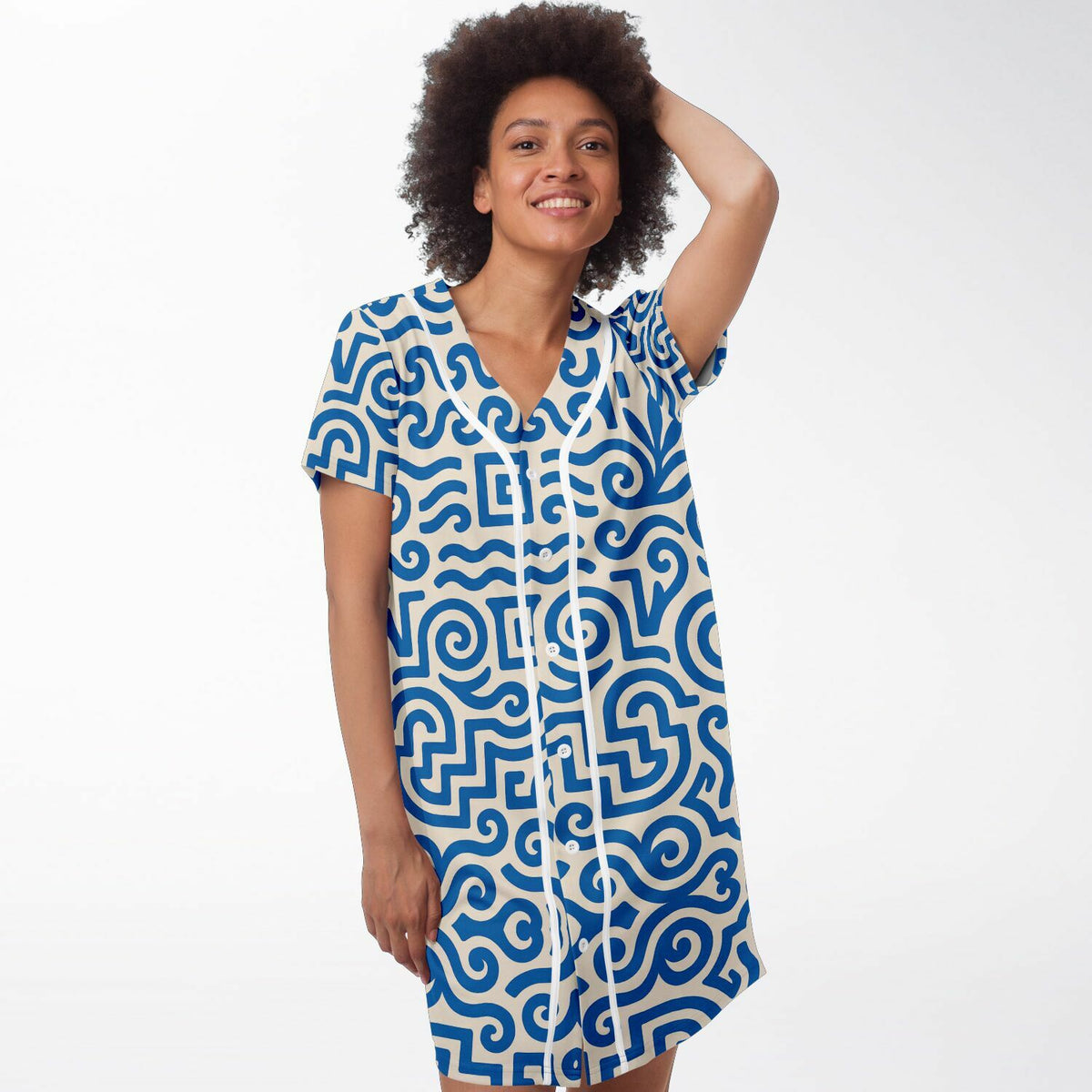 Greek Isles Baseball Jersey Dress, front, on model