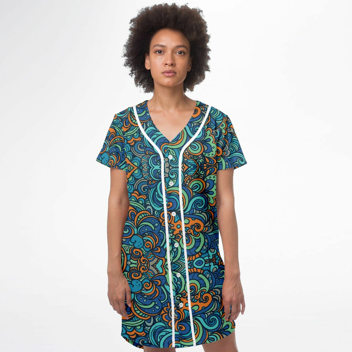 Tropical Island Baseball Jersey Dress, front, on model
