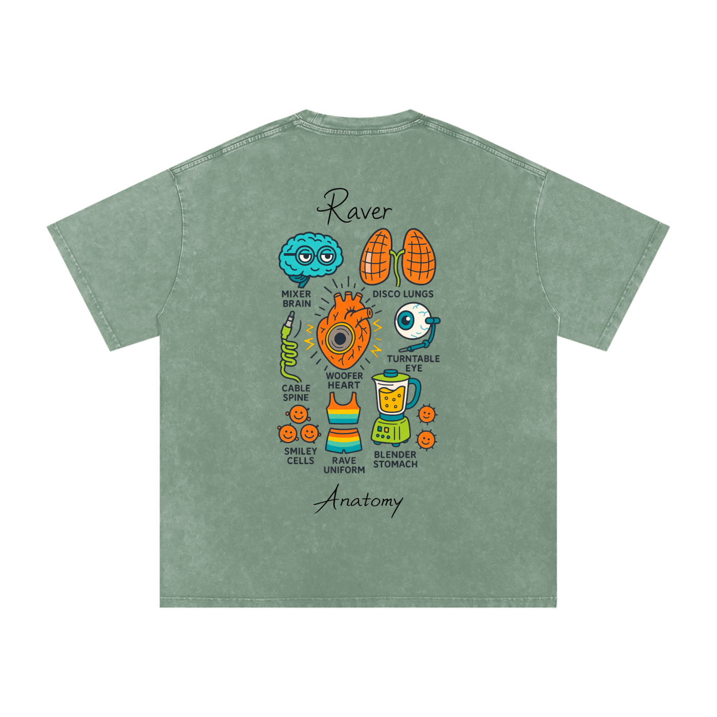Raver Anatomy Oversized Vintage T-Shirt in Bean Green alternate view by Rave Uniform