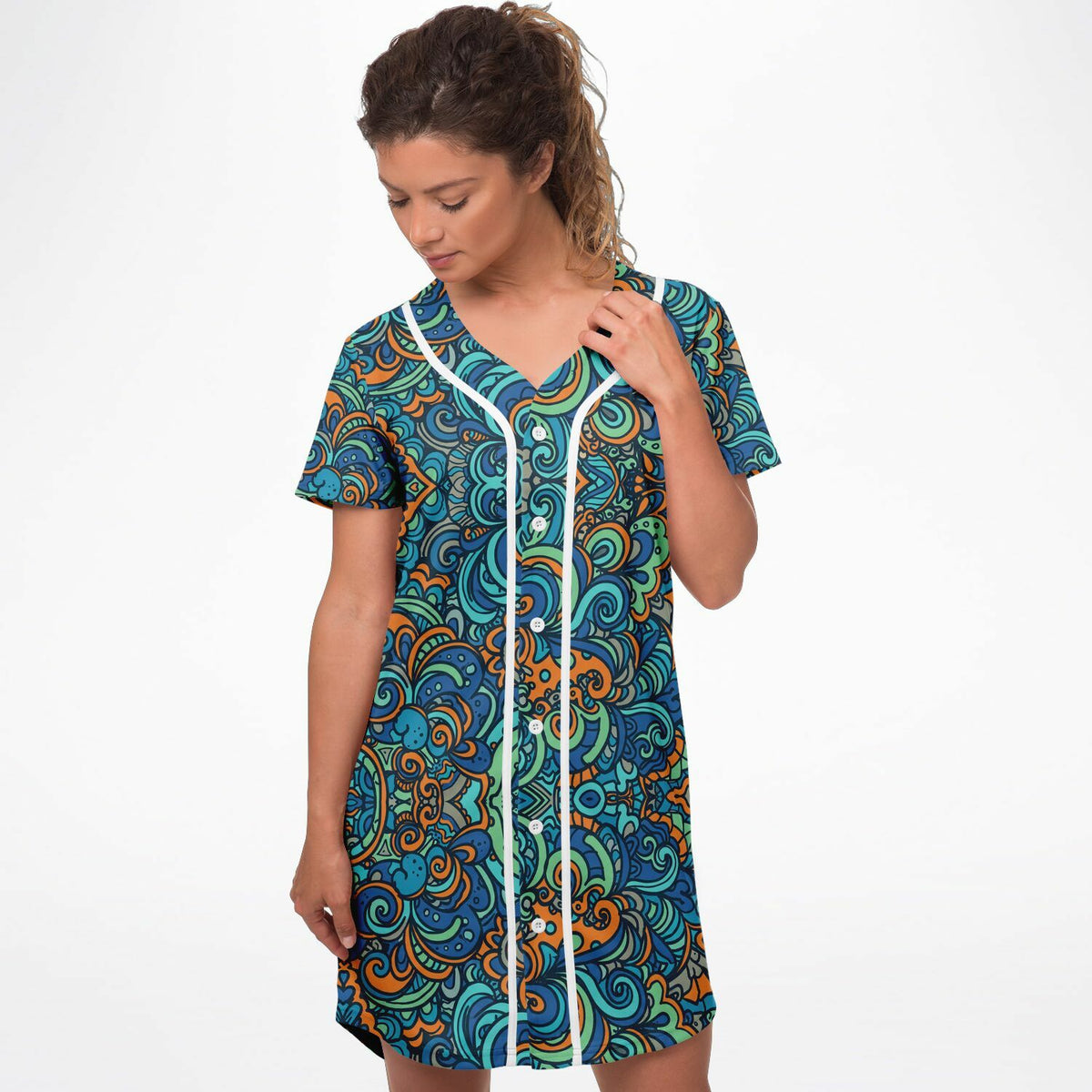 Tropical Island Baseball Jersey Dress, front, on model