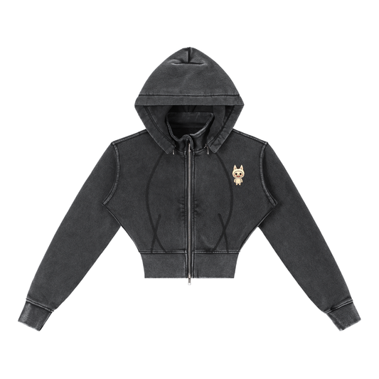 Labubu Cropped Fleece Hoodie in Washed Black by Rave Uniform