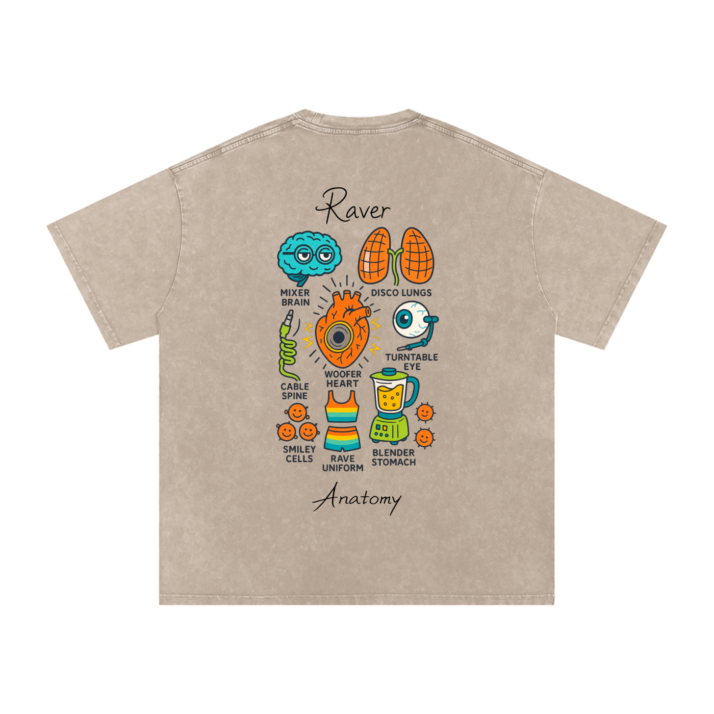 Raver Anatomy Oversized Vintage T-Shirt in Khaki Ash detail view by Rave Uniform