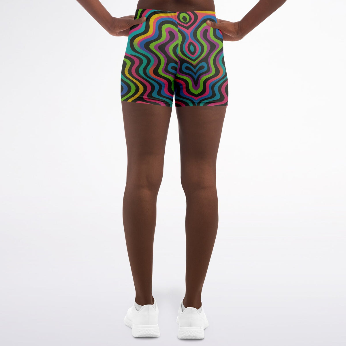 Psychedelic Drapes Legging Shorts, back, on model
