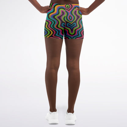 Psychedelic Drapes Legging Shorts, back, on model
