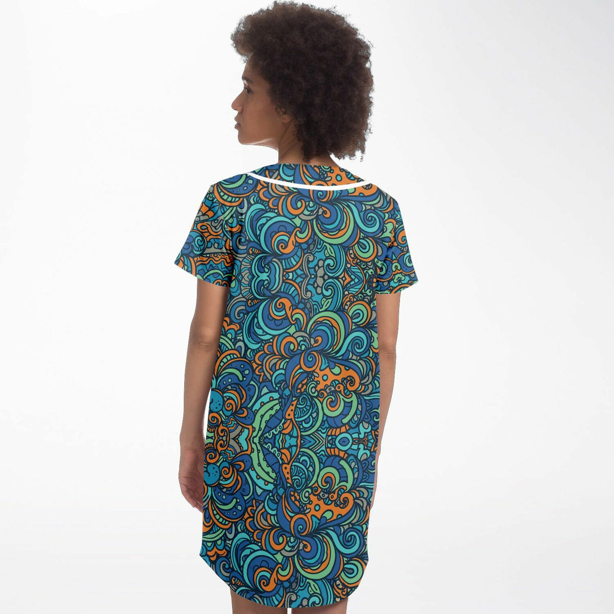Tropical Island Baseball Jersey Dress, back, on model
