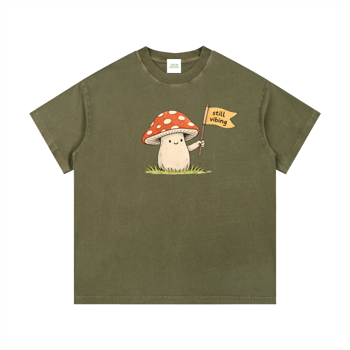 Still Vibin' T-Shirt in Army Green detail view by Rave Uniform