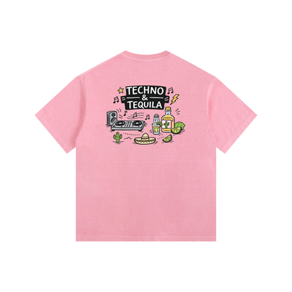 Techno & Tequila Oversized T-Shirt in Pink detail view by Rave Uniform