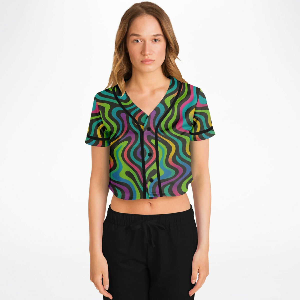 Psychedelic Drapes Cropped Baseball Jersey, front, on model
