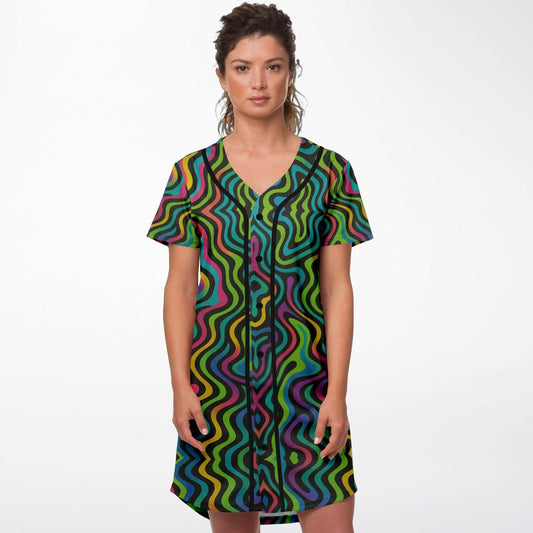 Psychedelic Drapes Baseball Jersey Dress, front, on model