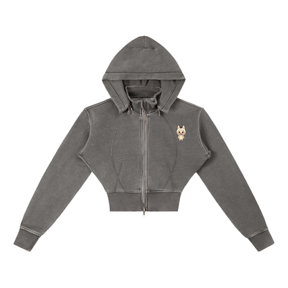 Labubu Cropped Fleece Hoodie in Dark Gray by Rave Uniform