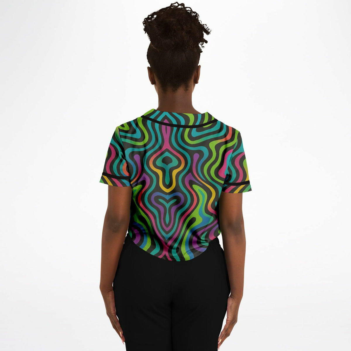 Psychedelic Drapes Cropped Baseball Jersey, back, on model