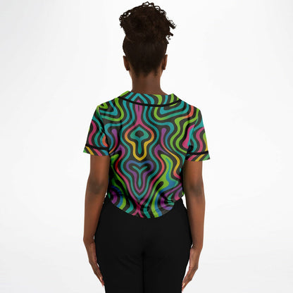Psychedelic Drapes Cropped Baseball Jersey, back, on model