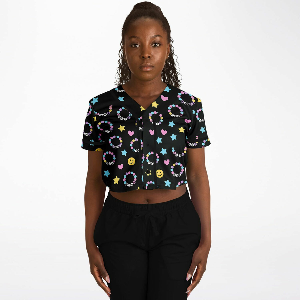 Kandi Cropped Baseball Jersey, front, on model