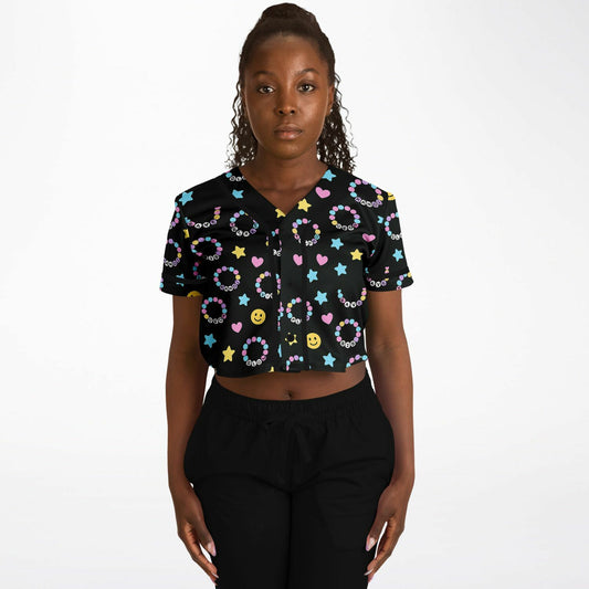 Kandi Cropped Baseball Jersey, front, on model