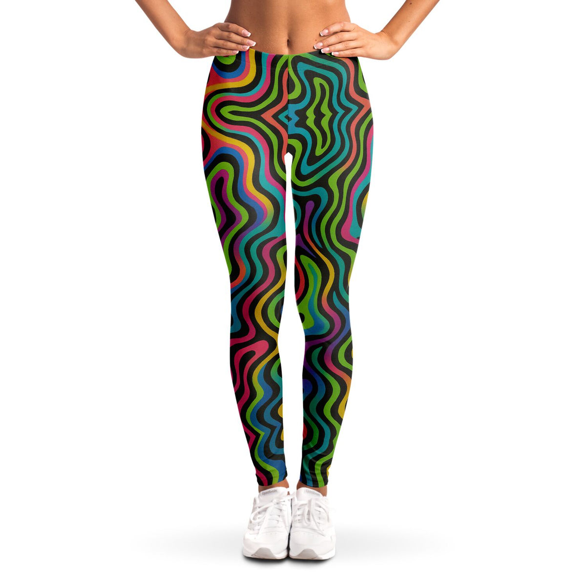 Psychedelic Drapes Leggings, front, on model
