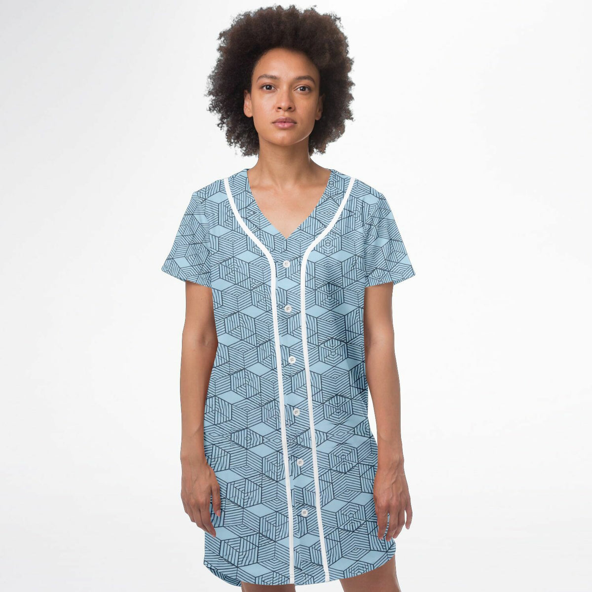 Geometric Cubes Baseball Jersey Dress, front, on model