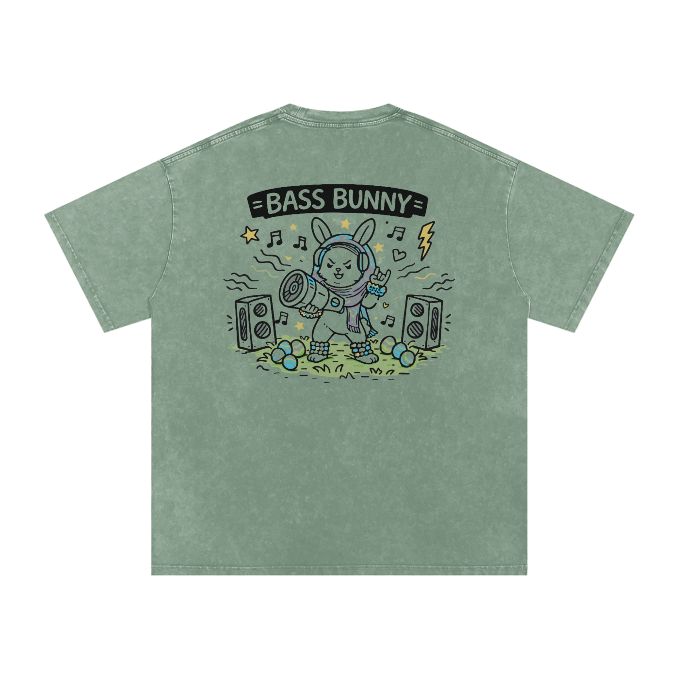 Bass Bunny Oversized Vintage T-Shirt in Bean Green alternate view by Rave Uniform