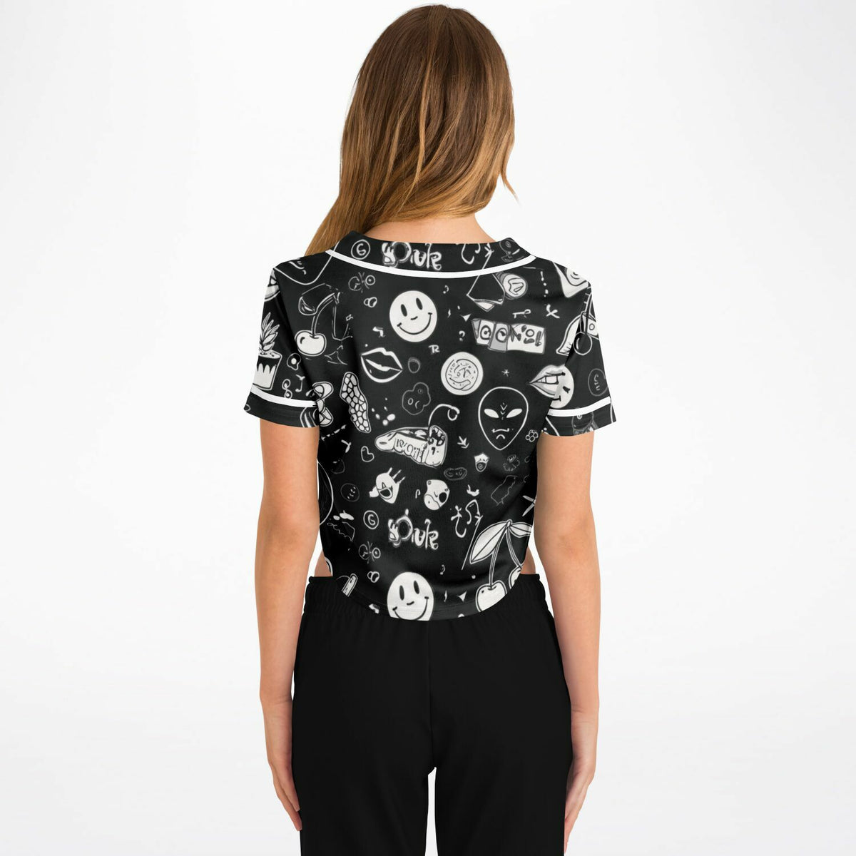 Stoner Doodles Cropped Baseball Jersey, back, on model