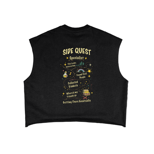 Side Quest Boxy Tank Top in Black side view by Rave Uniform