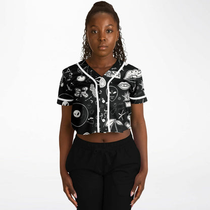 Stoner Doodles Cropped Baseball Jersey, front, on model