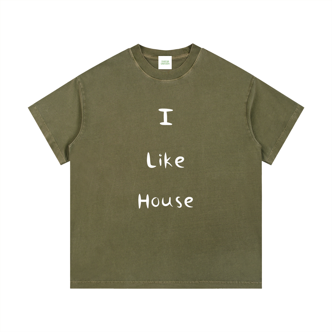 I Like House T-Shirt in Army Green detail view by Rave Uniform