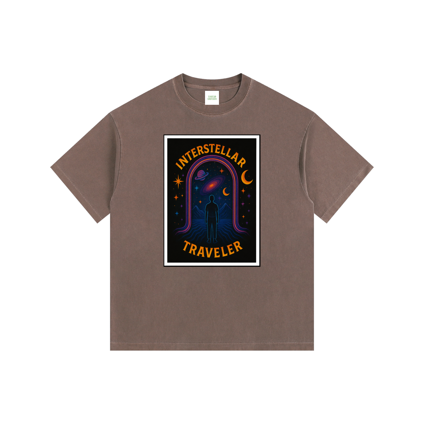 Interstellar Traveller Oversized T-Shirt in Coffee detail view by Rave Uniform