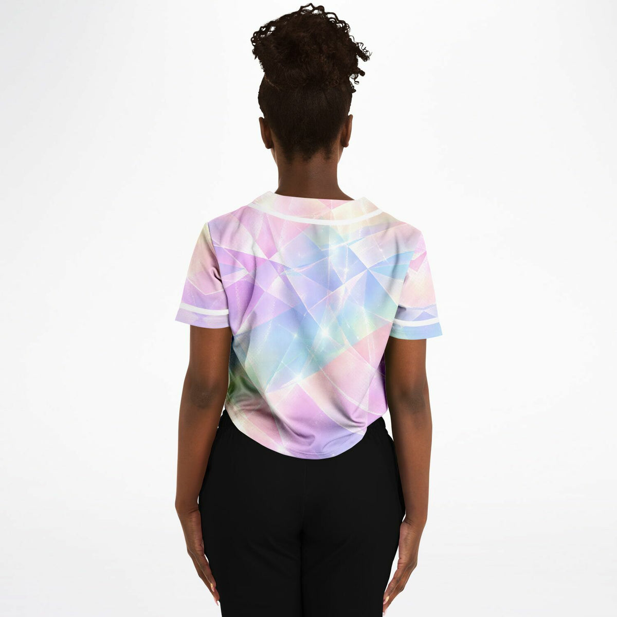 Sherbert Kaleidoscope Cropped Baseball Jersey, back, on model