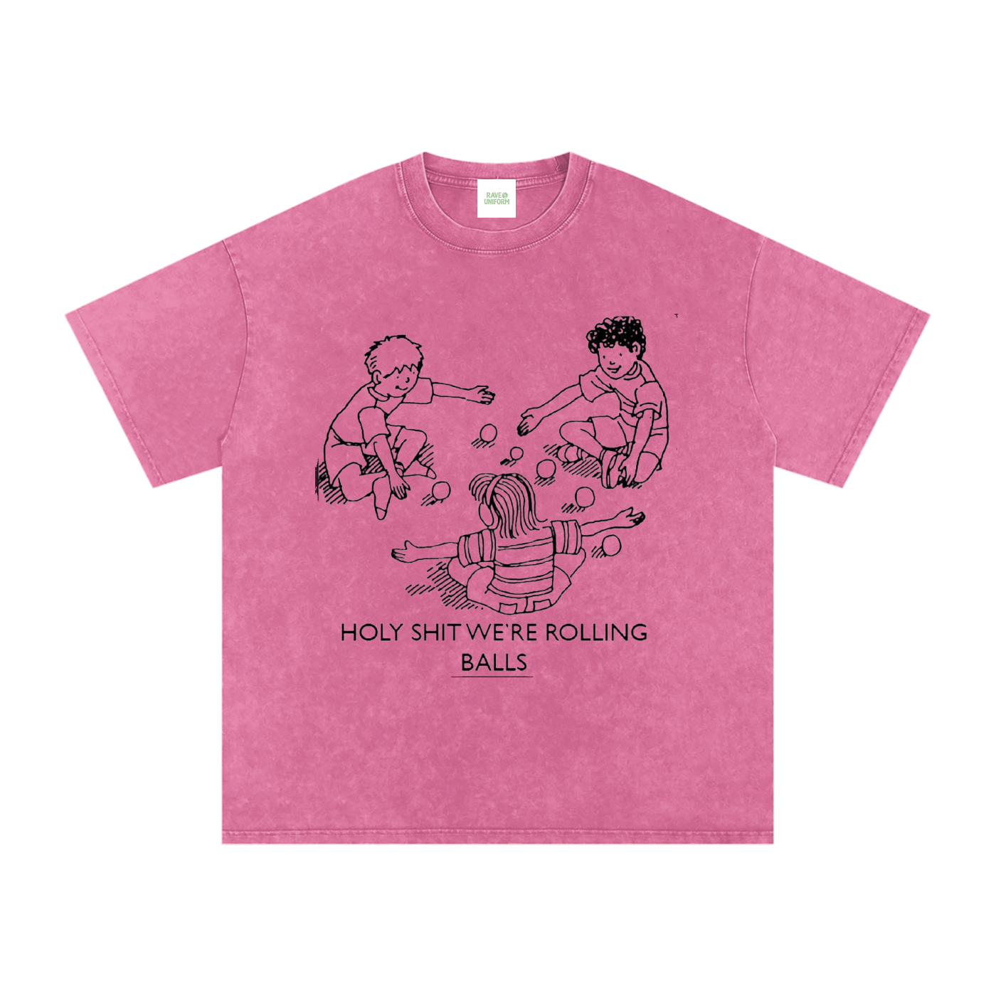 Rolling Balls Oversized Vintage T-Shirt in Rose Red detail view by Rave Uniform