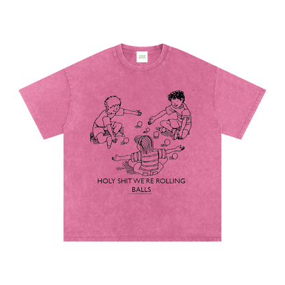 Rolling Balls Oversized Vintage T-Shirt in Rose Red detail view by Rave Uniform