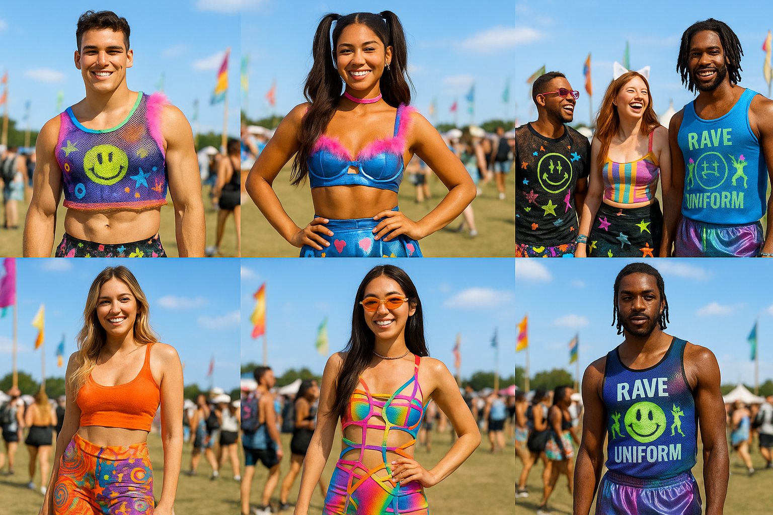 Collage of people wearing colorful rave outfits with a festival background.