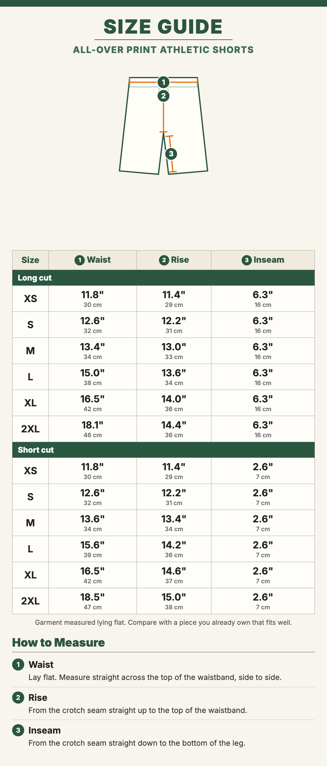All-over print athletic shorts size guide for the long and short cut, with a drawing showing where each measurement is taken