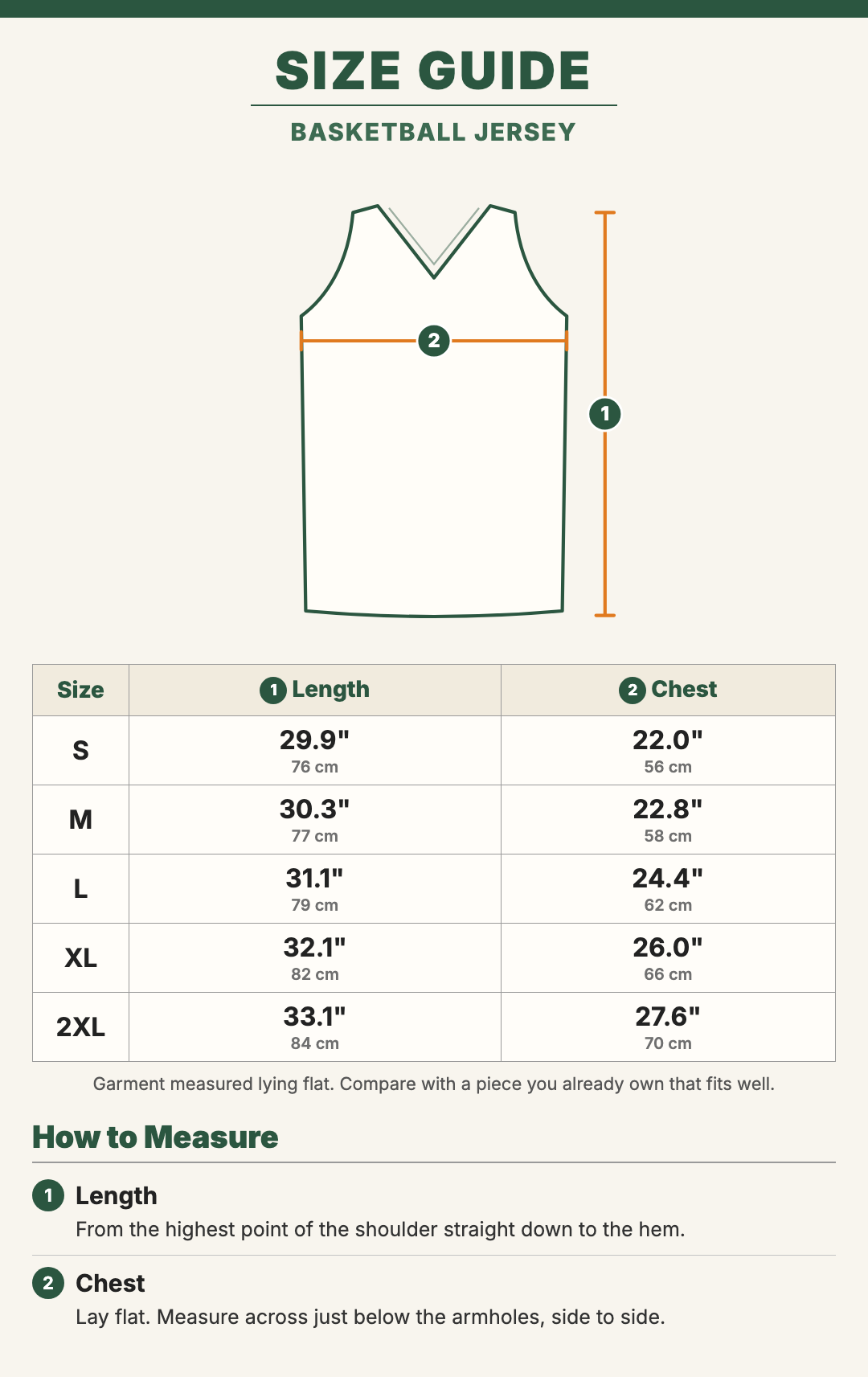 Basketball Jersey size guide with a drawing showing where each measurement is taken