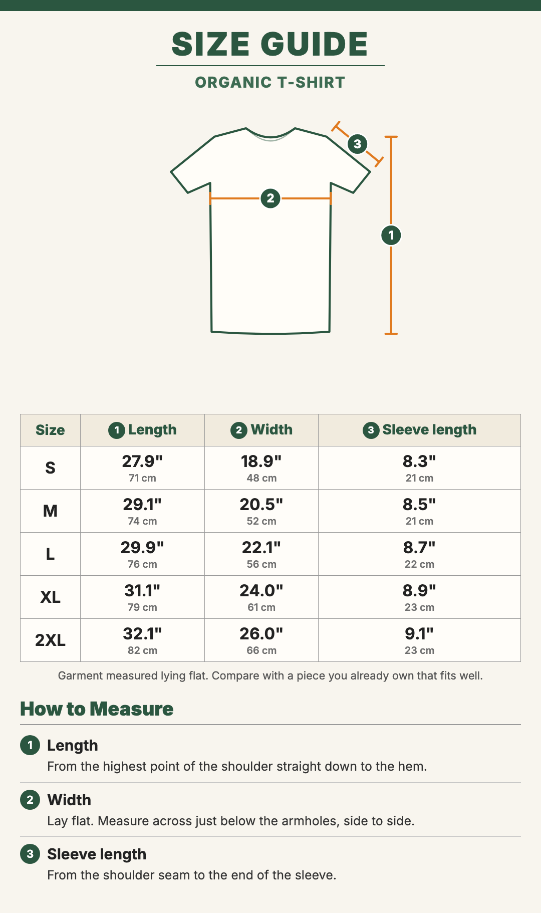 Organic T-Shirt size guide with a drawing showing where each measurement is taken