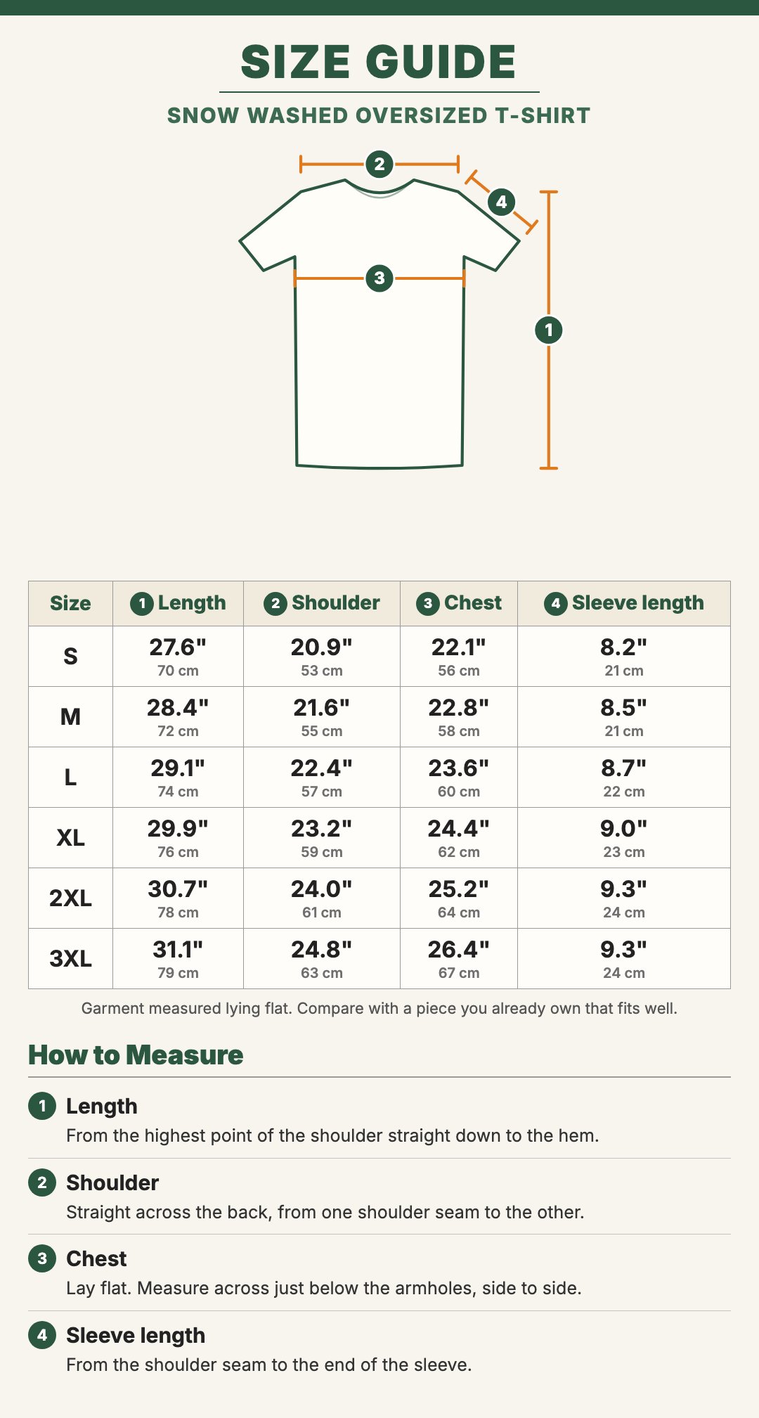 Snow Washed Oversized T-Shirt size guide with a drawing showing where each measurement is taken