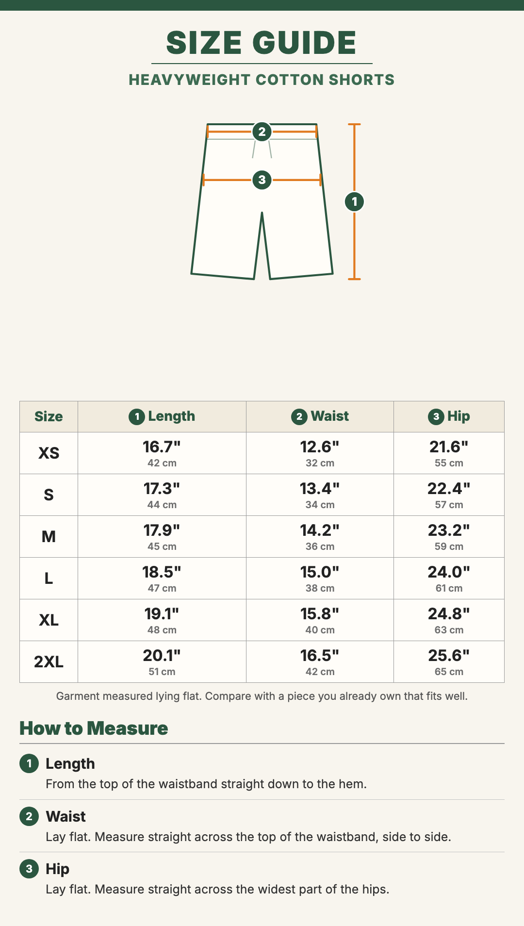 Heavyweight Cotton Shorts size guide with a drawing showing where each measurement is taken