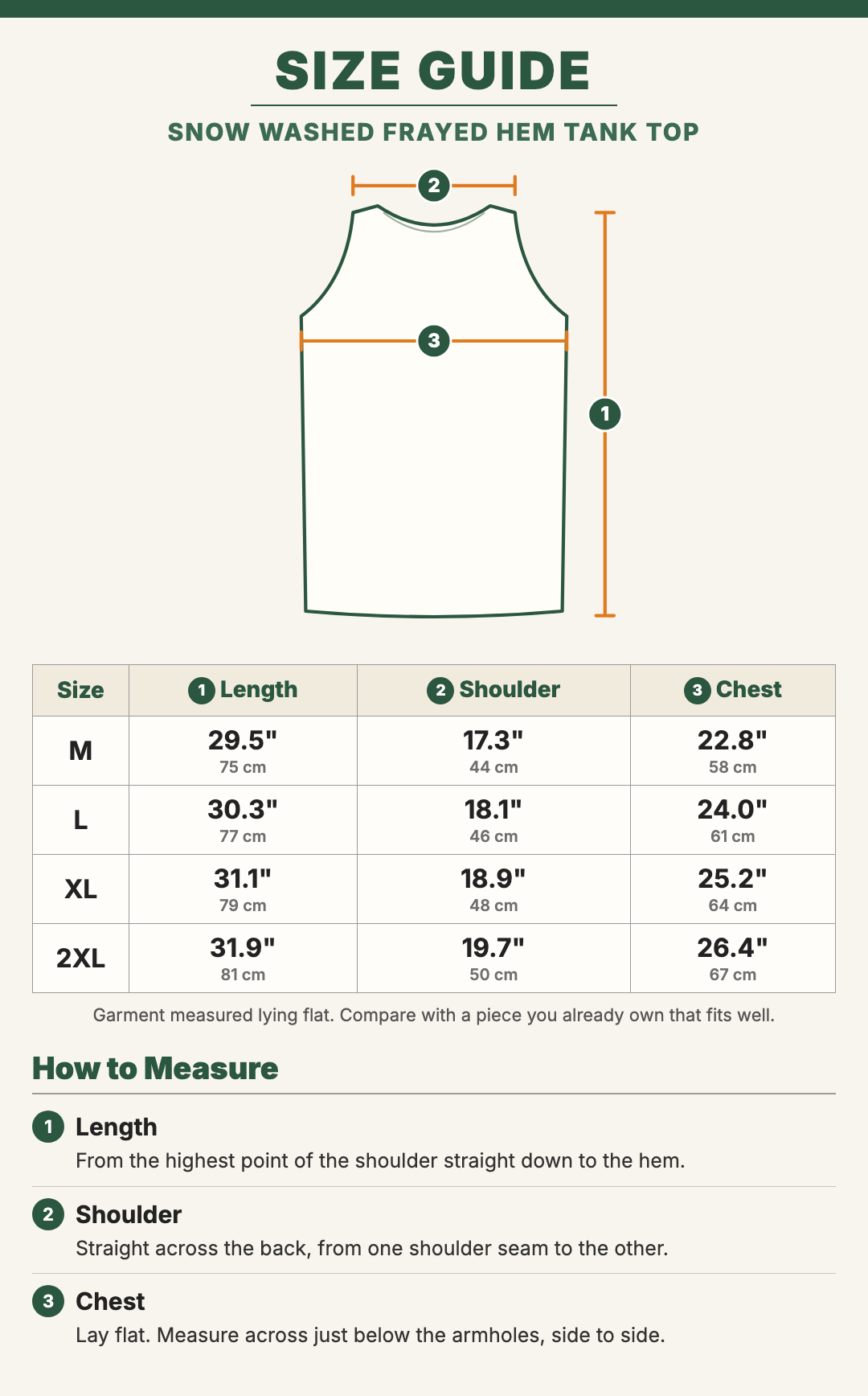 Snow Washed Frayed Hem Tank Top size guide with a drawing showing where each measurement is taken