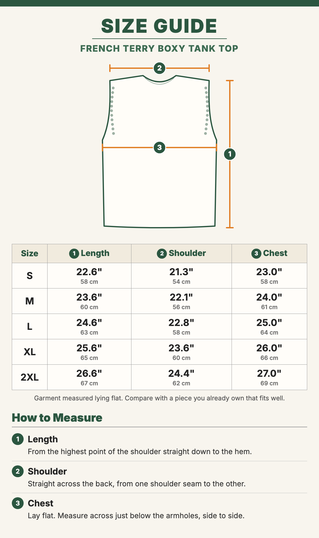 French Terry Boxy Tank Top size guide with a drawing showing where each measurement is taken