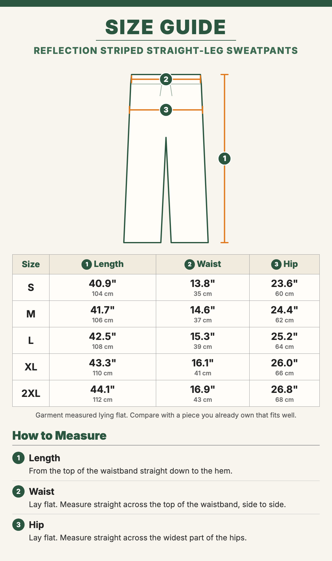 Reflection Striped Straight-Leg Sweatpants size guide with a drawing showing where each measurement is taken