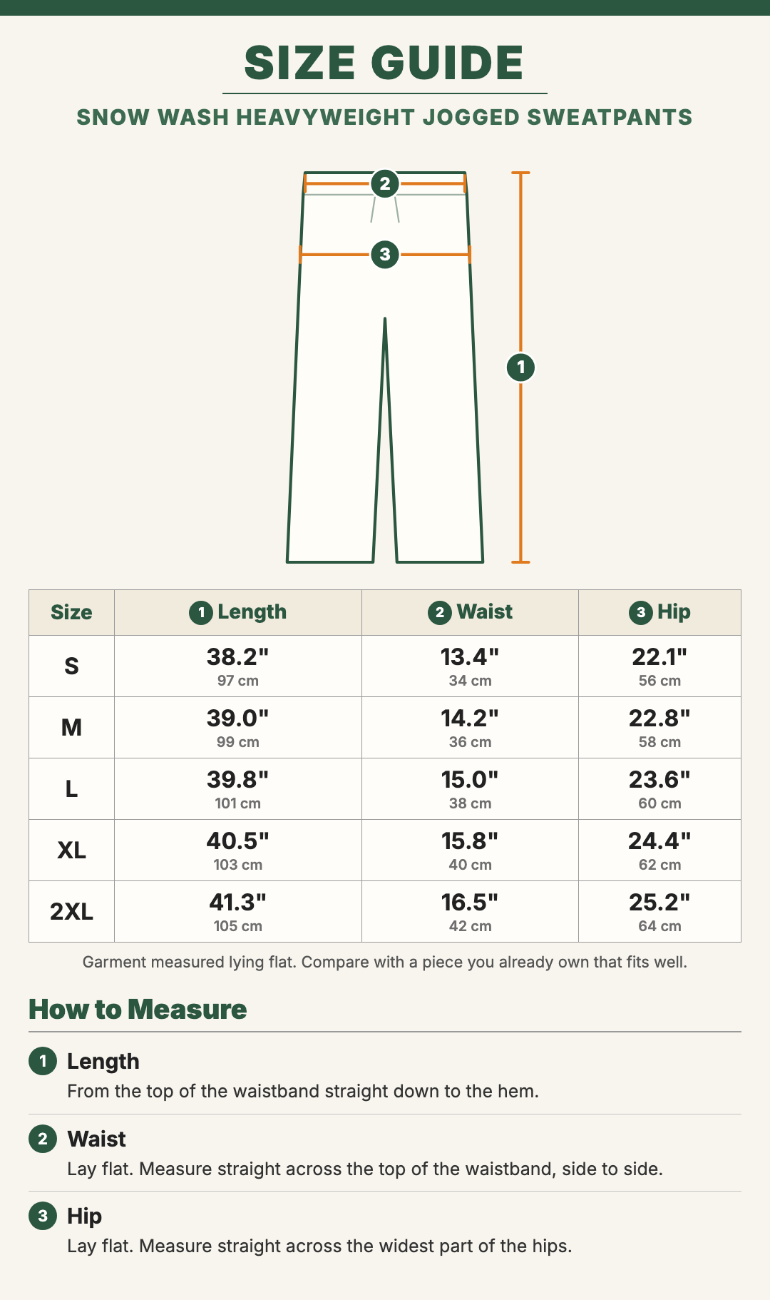 Snow Wash Heavyweight Jogged Sweatpants size guide with a drawing showing where each measurement is taken