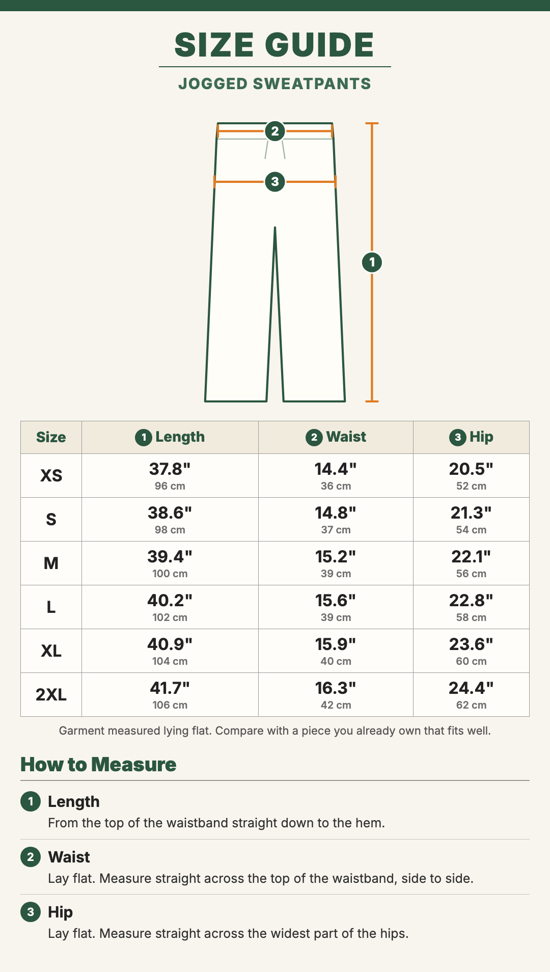 Jogged Sweatpants size guide with a drawing showing where each measurement is taken