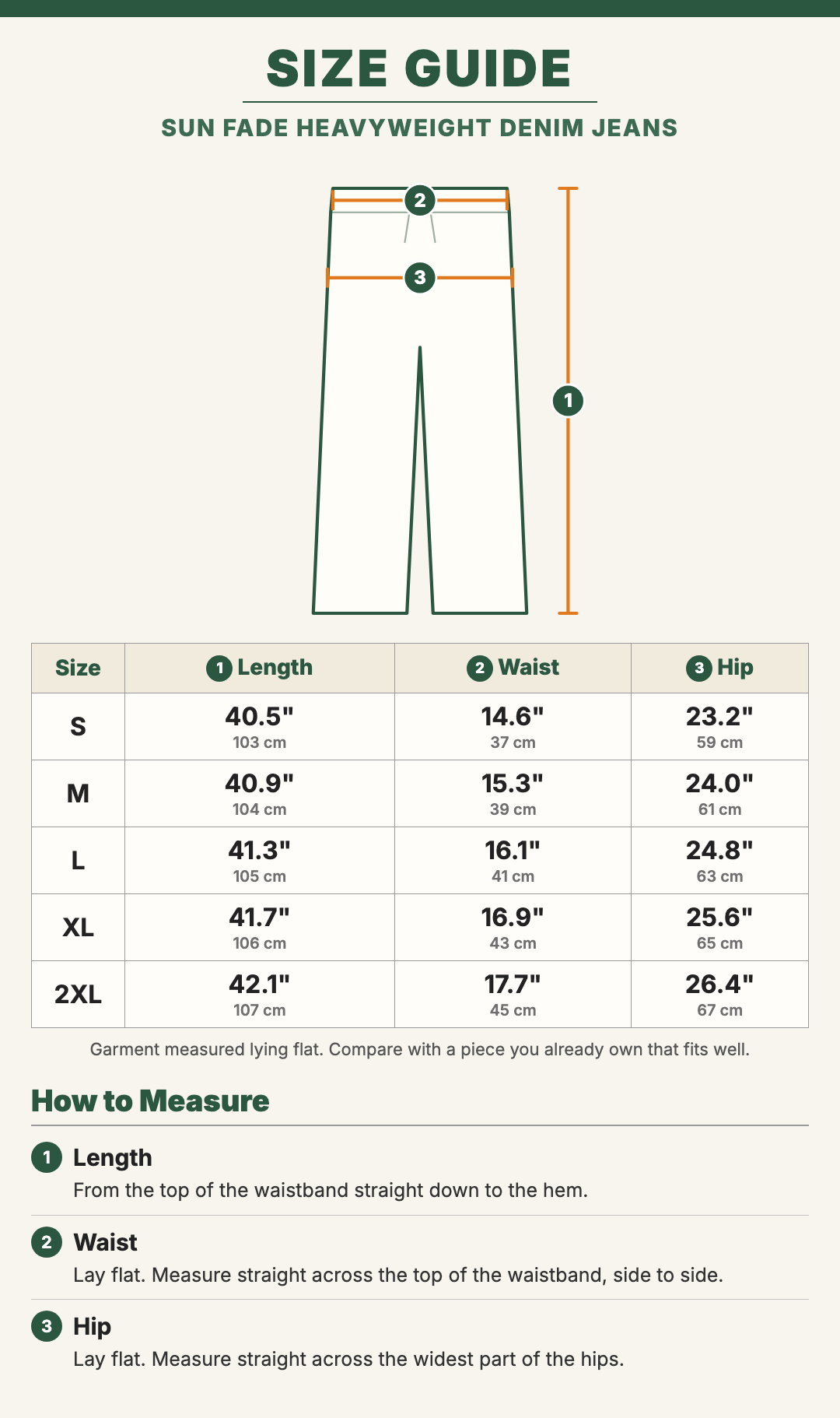 Sun Fade Heavyweight Denim Jeans size guide with a drawing showing where each measurement is taken