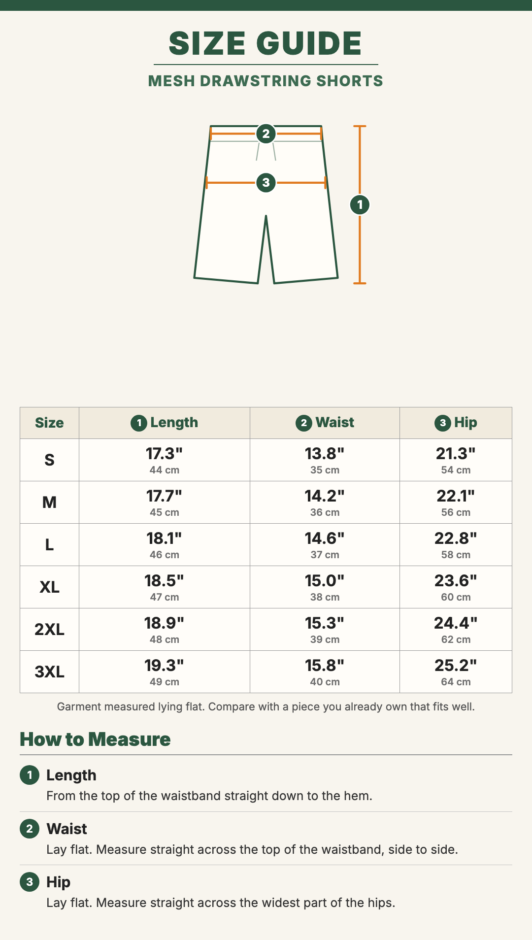 Mesh Drawstring Shorts size guide with a drawing showing where each measurement is taken