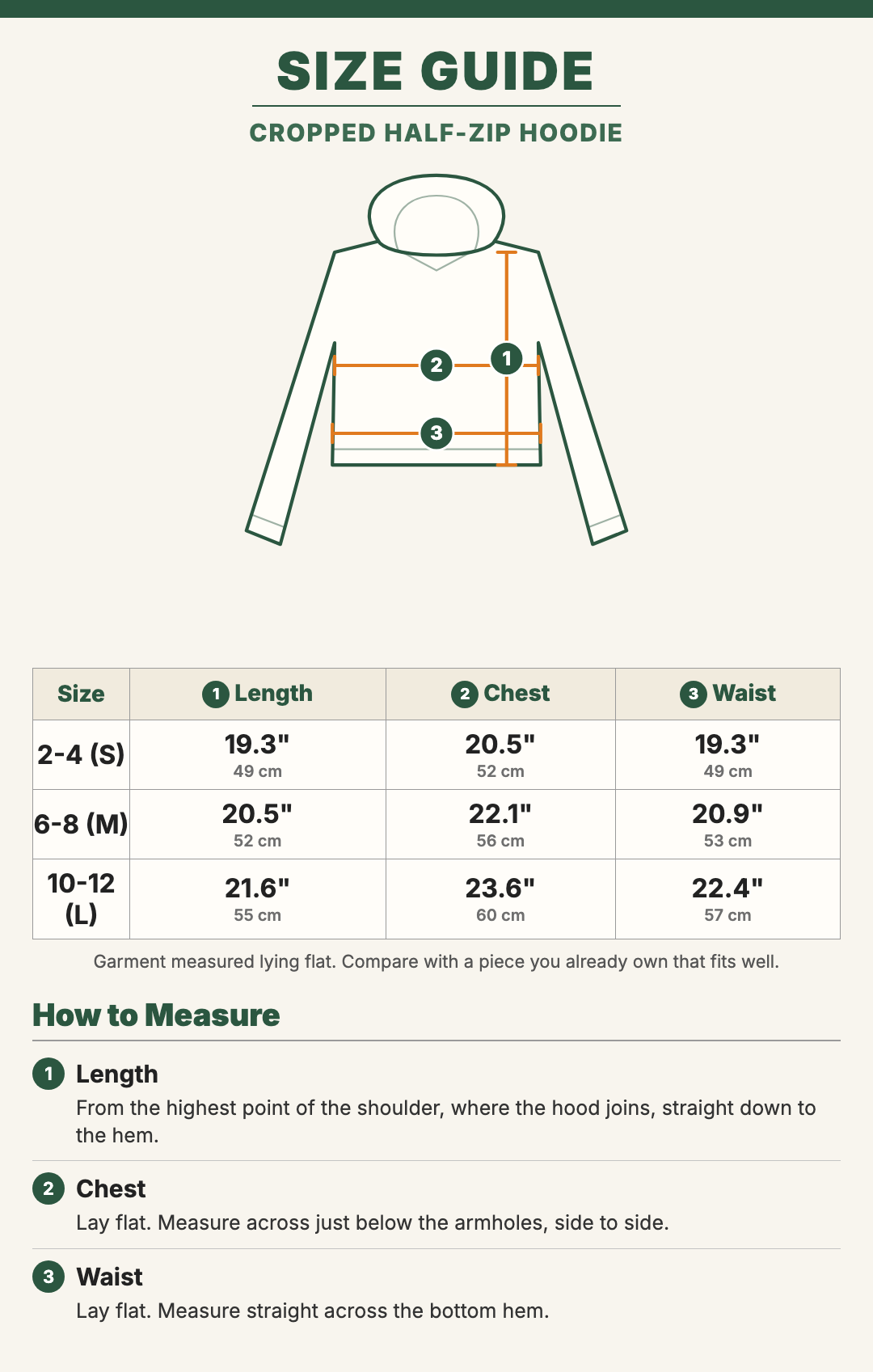 Cropped half-zip hoodie size guide, women's sizes 2-4 (S), 6-8 (M) and 10-12 (L), with a drawing showing where each measurement is taken