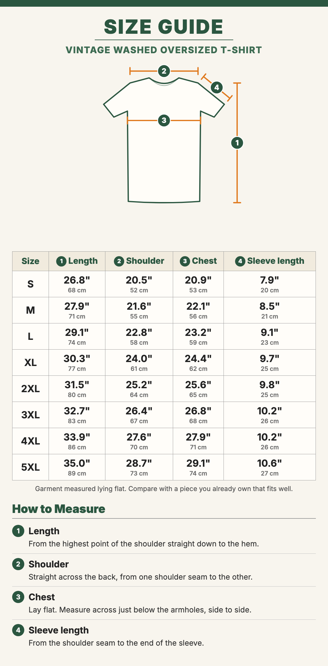 Vintage Washed Oversized T-Shirt size guide with a drawing showing where each measurement is taken