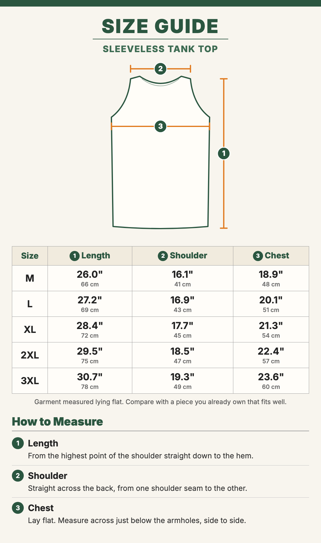 Sleeveless Tank Top size guide with a drawing showing where each measurement is taken