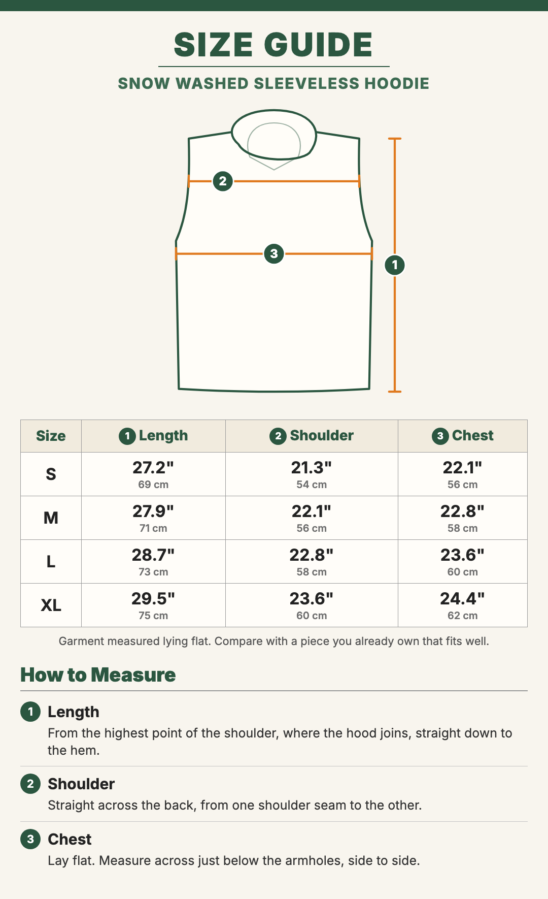 Snow Washed Sleeveless Hoodie size guide with a drawing showing where each measurement is taken