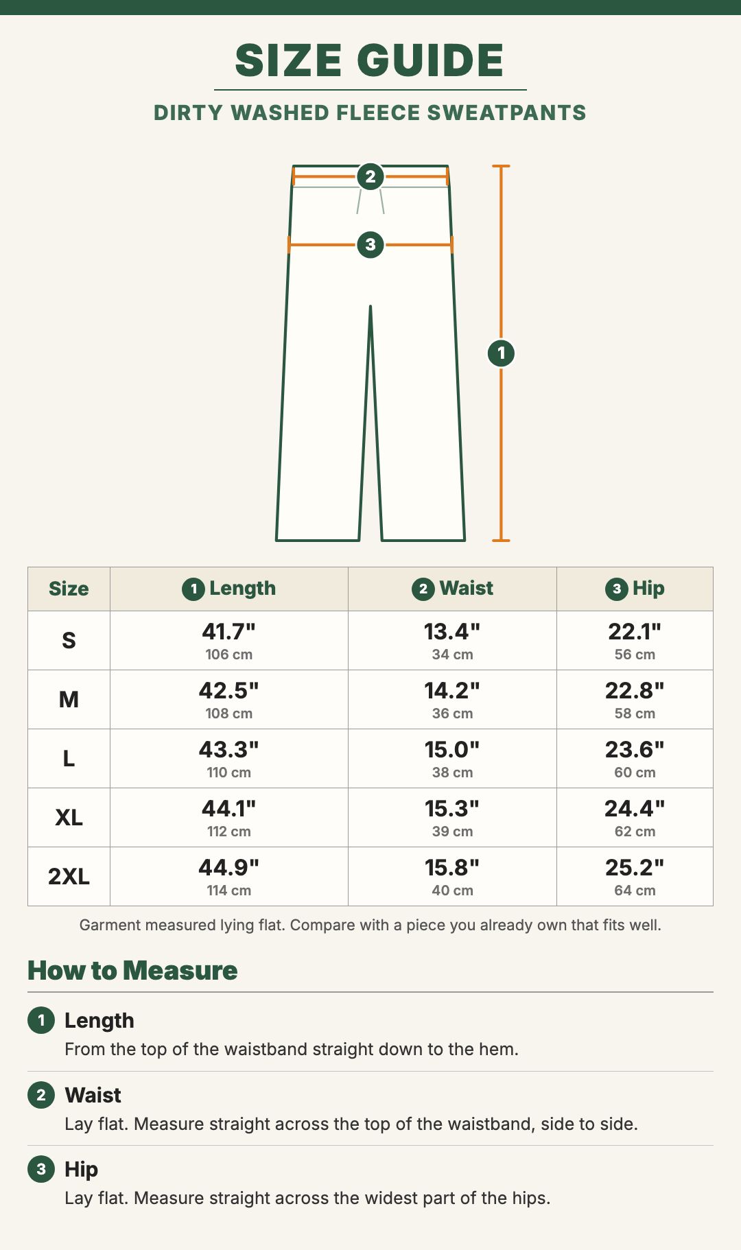 Dirty Washed Fleece Sweatpants size guide with a drawing showing where each measurement is taken