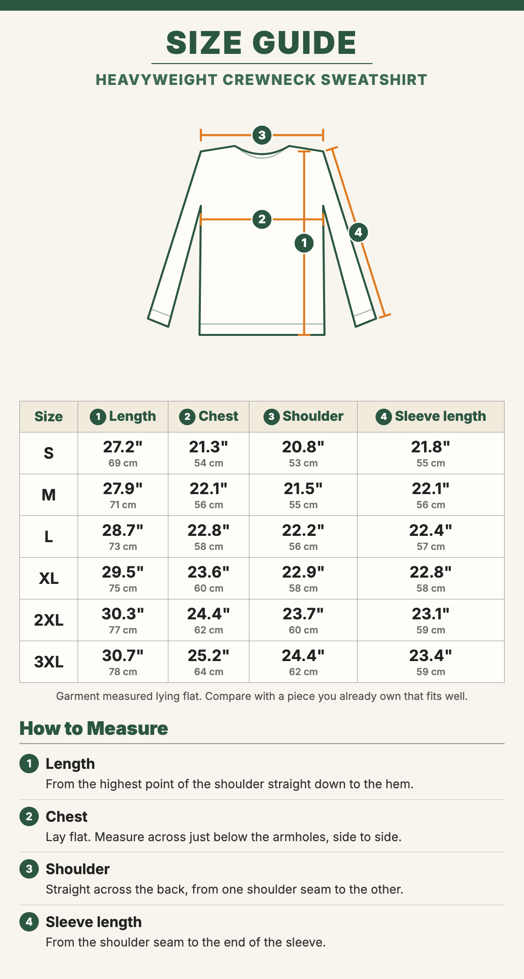 Heavyweight Crewneck Sweatshirt size guide with a drawing showing where each measurement is taken