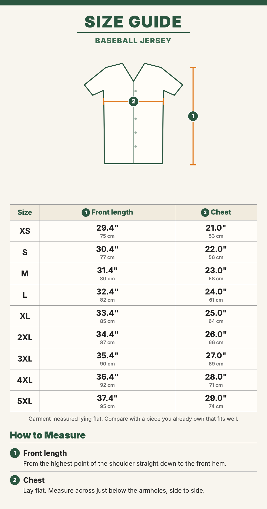 Baseball Jersey size guide with a drawing showing where each measurement is taken