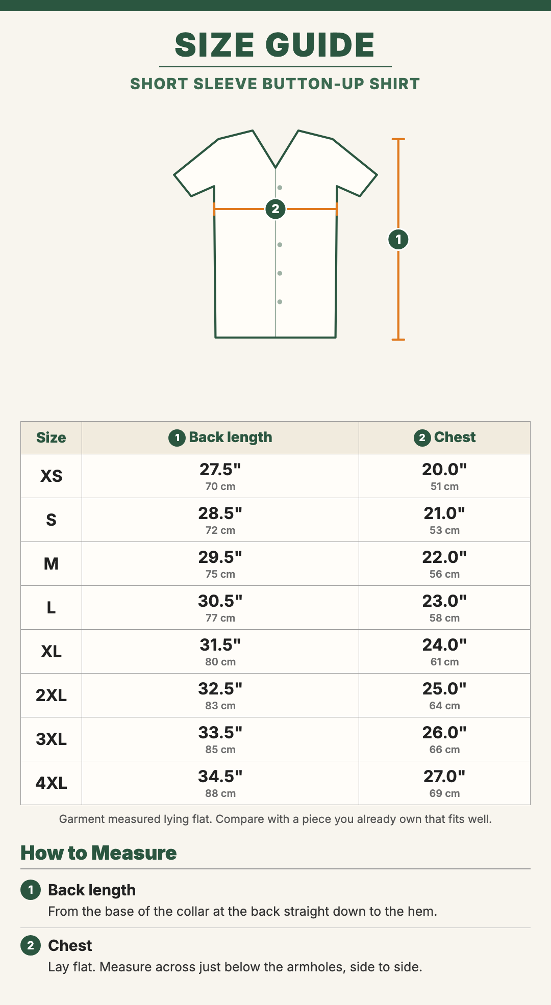 Short Sleeve Button-Up Shirt size guide with a drawing showing where each measurement is taken
